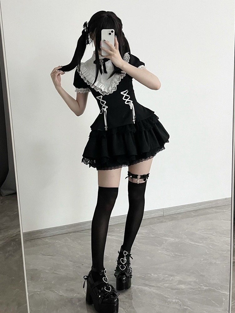 Kurze Rüschen Schwarze Ärmel Weißer Ausschnitt Gothic Kreuz Schnürung Charms Kleid Lolita