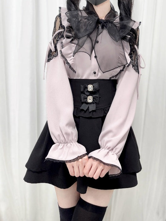 Jirai Kei Schwarz/Weiß/Dusty Cutout Schulter Bluse Schleife Ausschnitt Big Pink
