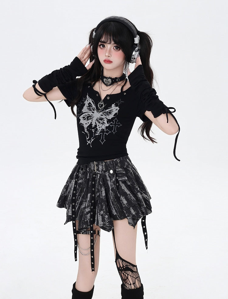 Butterfly Print Halter Neck T-Shirt Armwear with Black/White