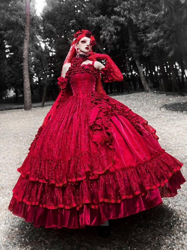 Hanayome Waist Boned Floor Corset Length Gown Hime Dress Red Ball Lolita