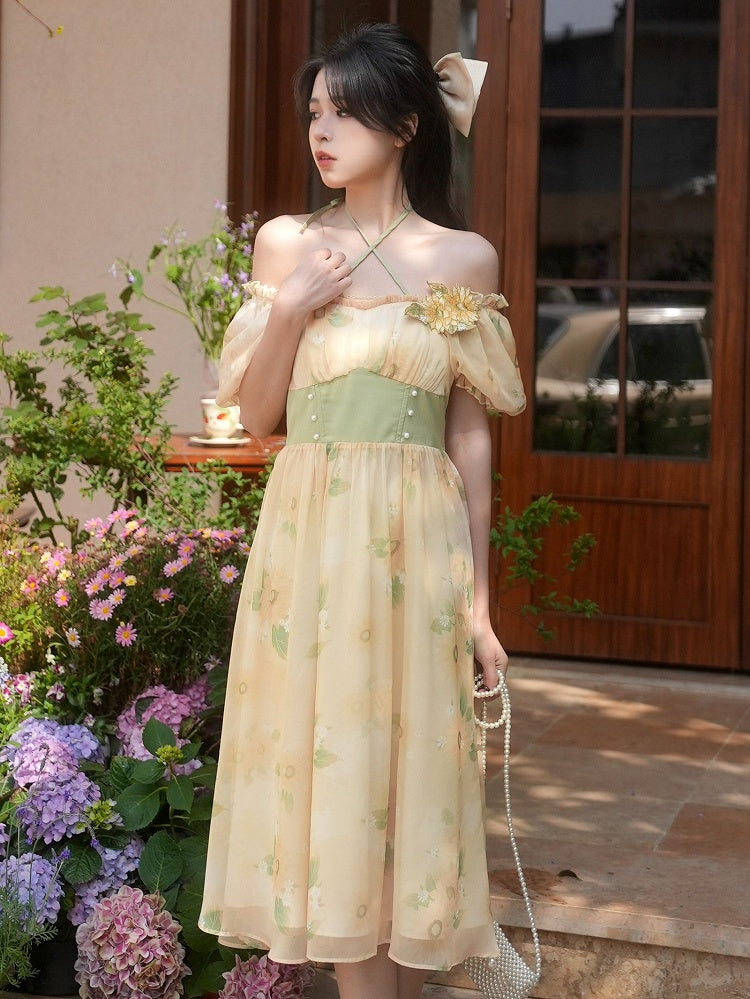 Halter Sunflowers Free Brooch Print Dress Neck