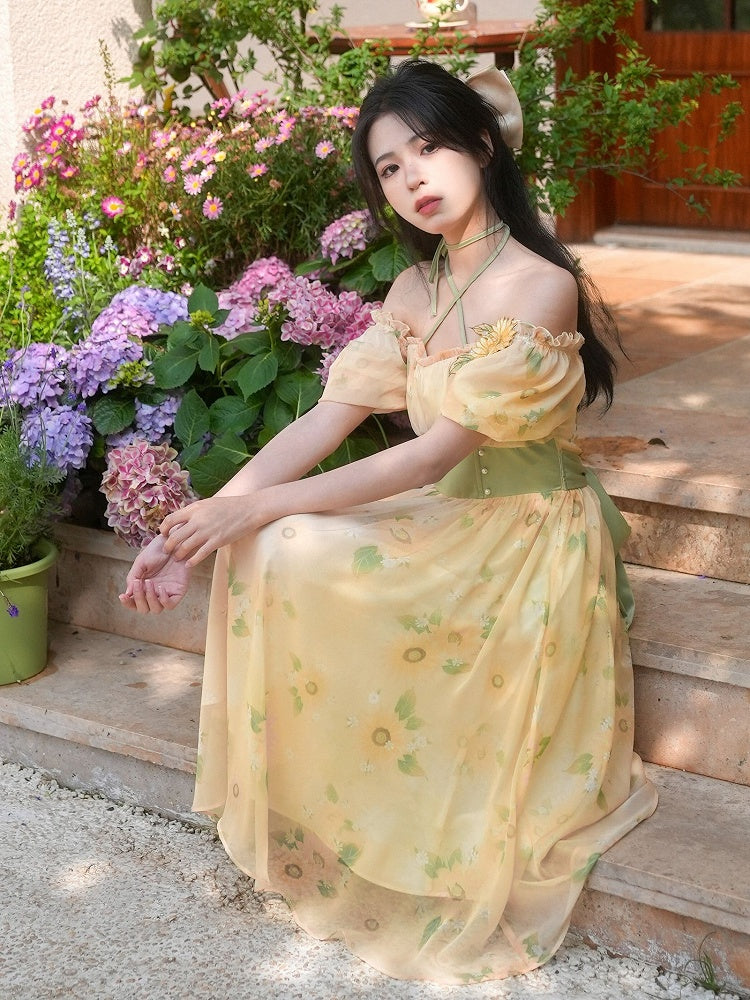 Halter Sunflowers Free Brooch Print Dress Neck