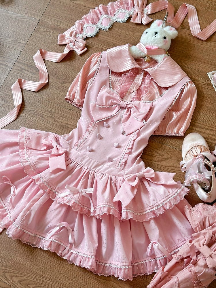 Bow Pink Accents Dots Lolita Old School Dress Shimmer Polka Sweet