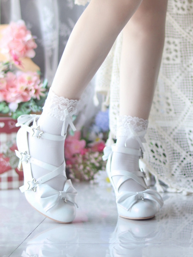 Star High White Sweet Lolita Buckles Crisscross Straps with - Accents Heels Bow