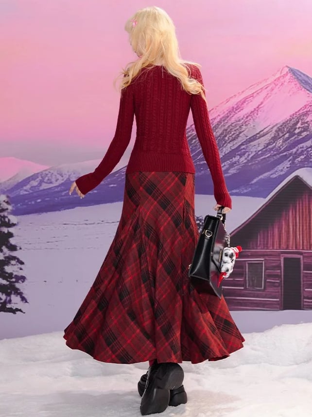 High Skirt and Plaid Waist Black Mermaid Red