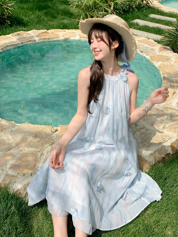 Blue Floral Accents Holiday Chiffon Halter Neck Dress Light