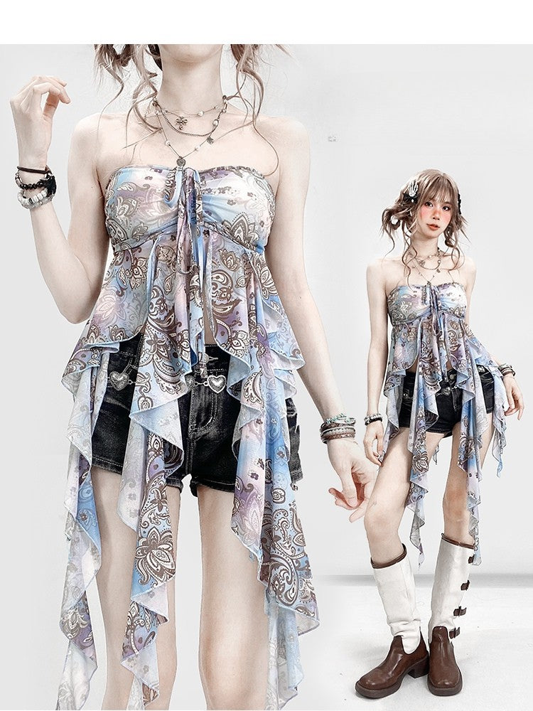 Blue Holiday Ruffle Print Top Tube Accents Design Cascading