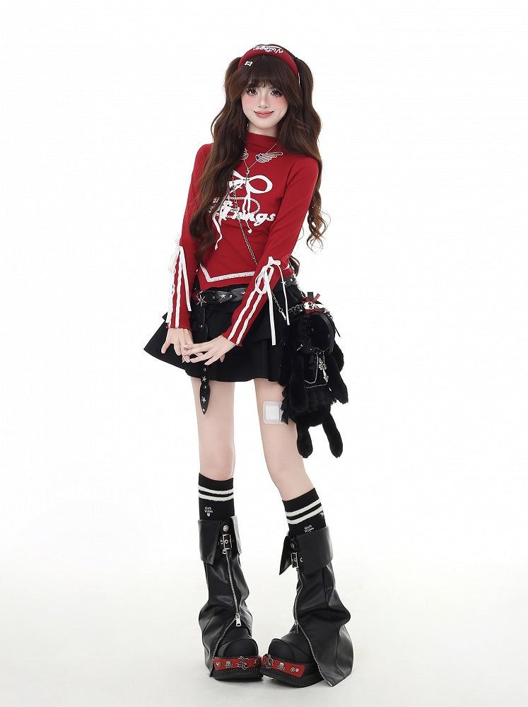 Print Cutout Bowknot Curved Hem Top Red/Black Mock Wing-shaped Vintage Neck