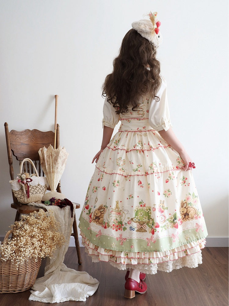 Bunny Lolita Green Dress Print Hemline Fashion House Pink Floral and