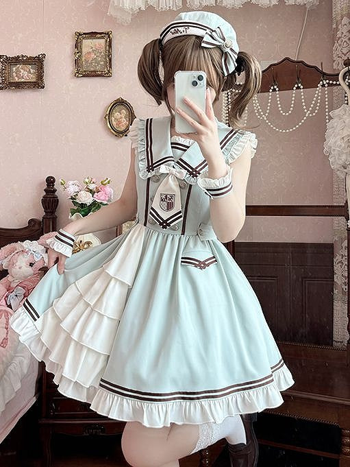 With Hem Cape Sailor Lolita Collar Green Ruffle Dress Light