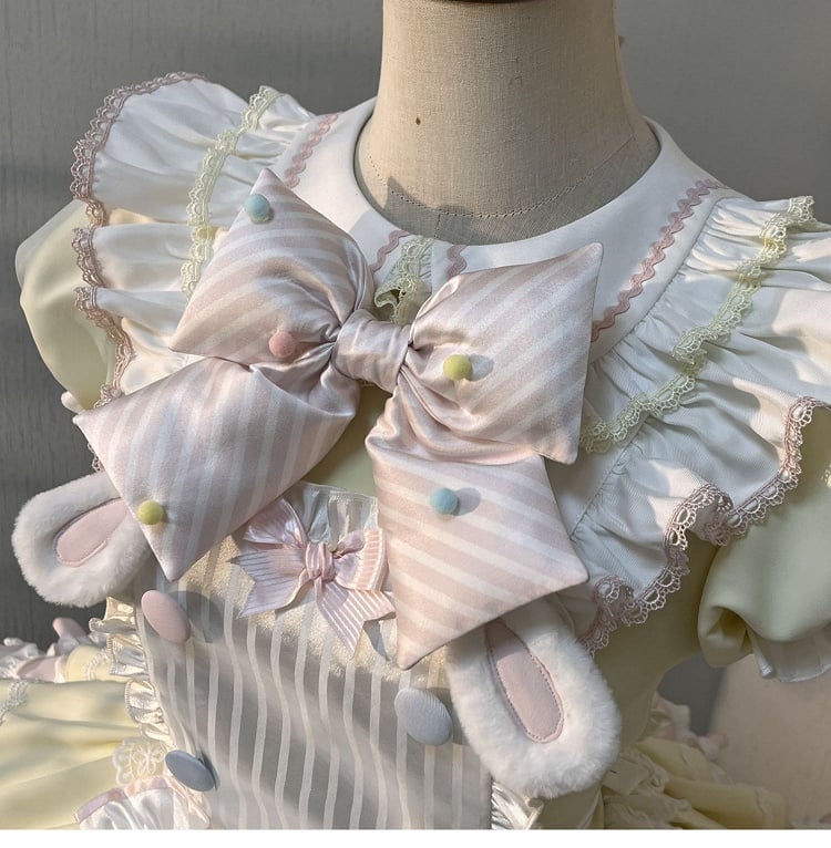 Theme Pink Yellow and Sleeves Puff Lolita Maid Sweet Bunny Dress