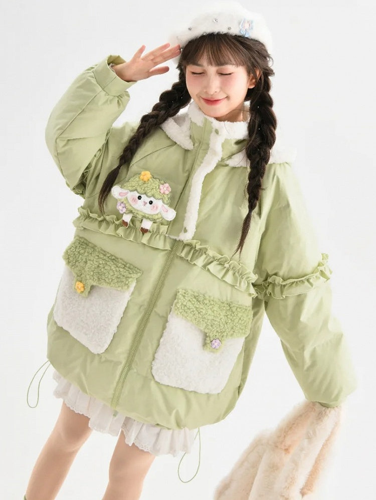 Green Cute Lamb Adorned Hooded Down Coat Ruffle Trim