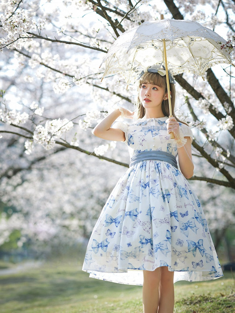 Süßes Lolita-Kleid mit Schleifenmuster und hoher Taille in Blau