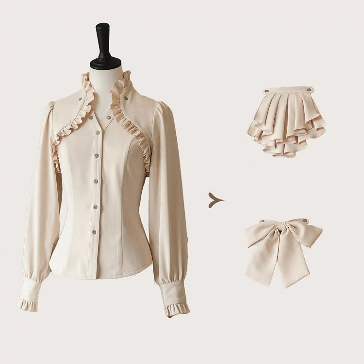 Aprikosenfarbenes, elegantes Langarmhemd mit Rüschenkragen und abnehmbarer Schleife/Jabot-Krawatte