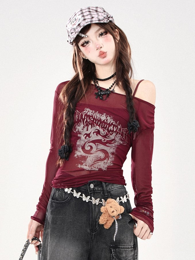Set Red Sheer Off-Shoulder Sun Protection Top