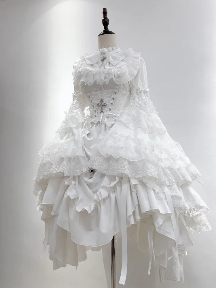 Gothic Layered Sleeves with All Bell Bowtie Shirt Shiro White Lolita