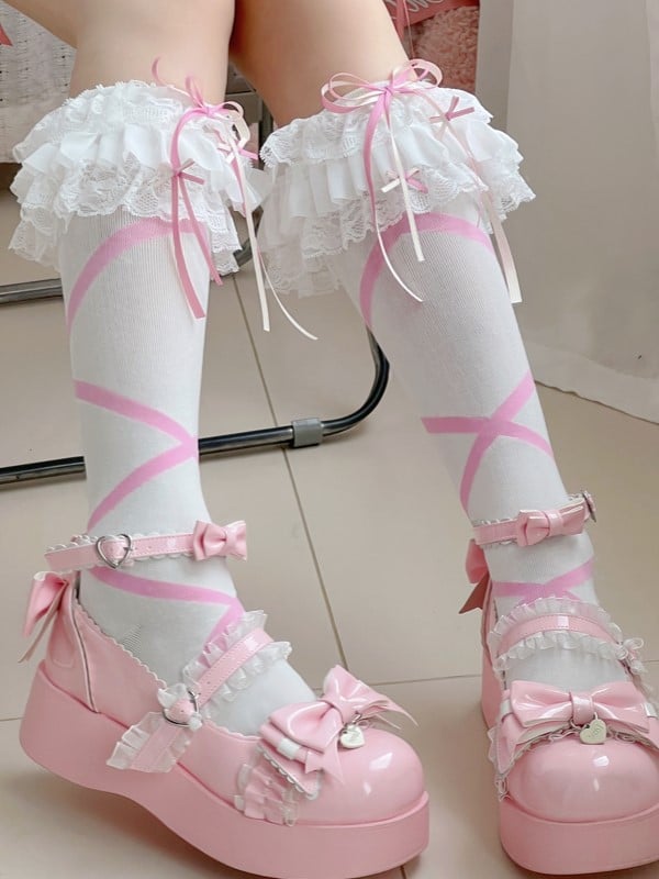 With White Ruffled Lolita Calf Banded Cuffs Hollow-out Pattern Socks Crisscorss