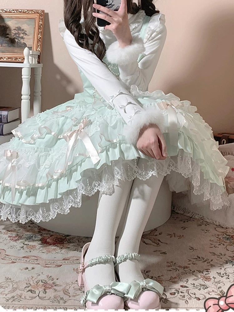 Lace-up Waist Lace Trim Sleeves Old School Lolita Cotton Green Mint Jumper Flutter Skirt Dress
