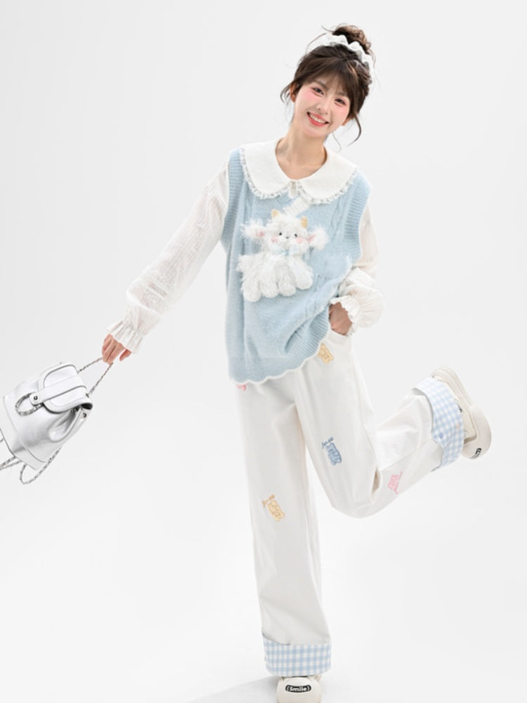 Yume Kawaii Blaue Strickweste mit Plüschlamm vorne