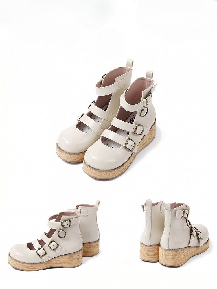 - Platforms Off-white Vintage Round Wood Sole 3 Straps Toe cm Wedge Grain Buckle 3–5