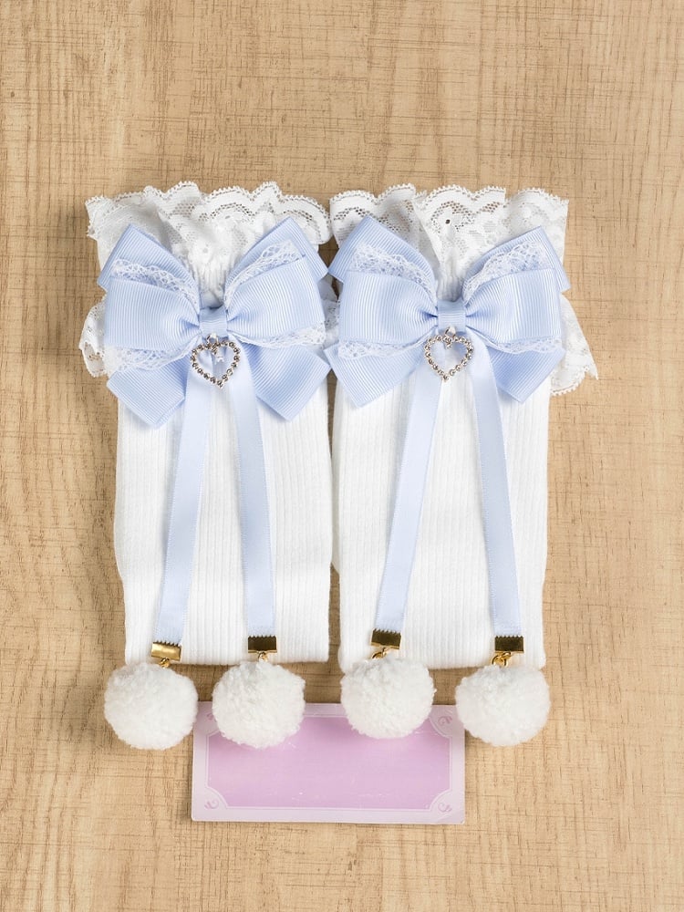 Jirai Kei Bas au-dessus du genou avec détails pompons et poignets en dentelle et nœuds