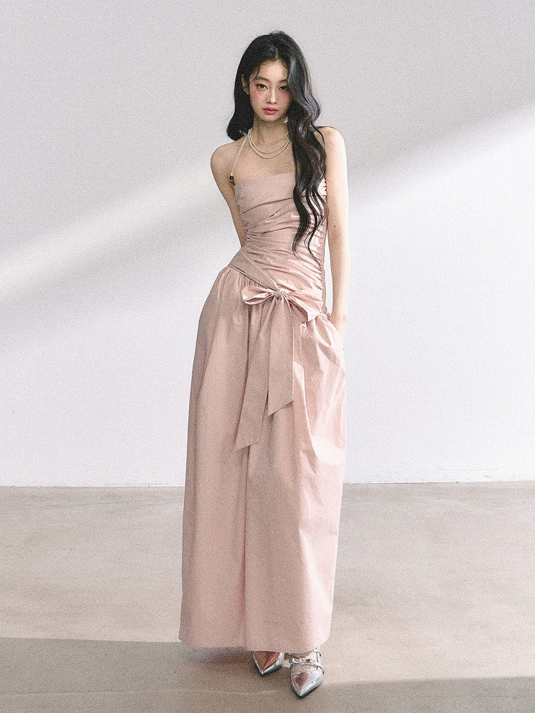 Pink/Gray Ruched Design Self-tie Bow Halter Neck Dress