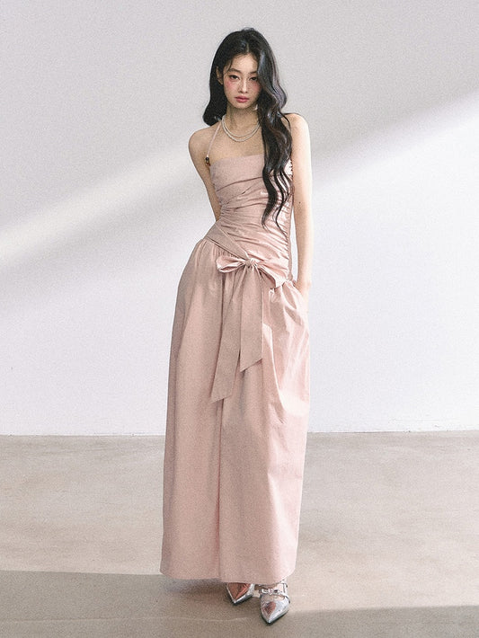 Pink/Gray Ruched Design Self-tie Bow Halter Neck Dress