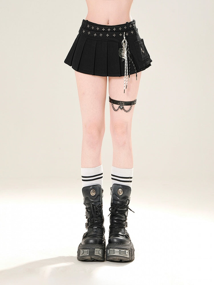 Skirt Low Blue/Black Waist Cross Embellished Mini Pleated Denim