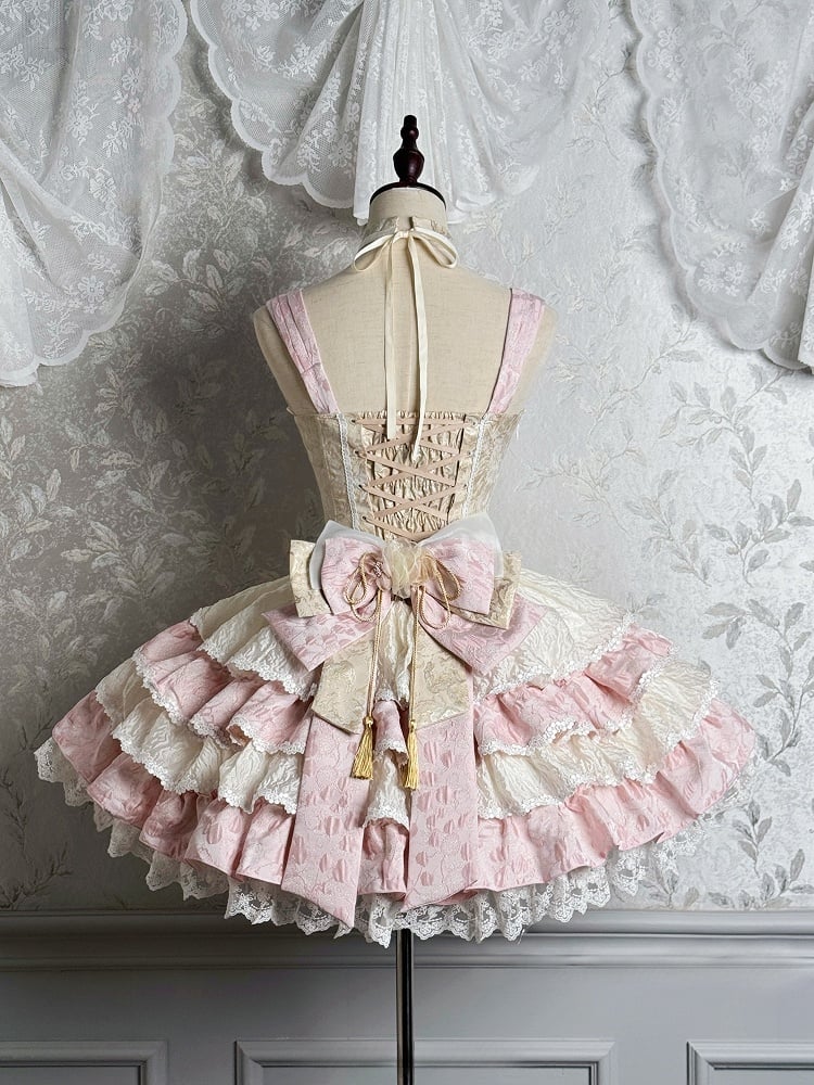 Hals Baskenkleid Taille Rosa Rock Halter Tiered Qi Abnehmbare Lolita