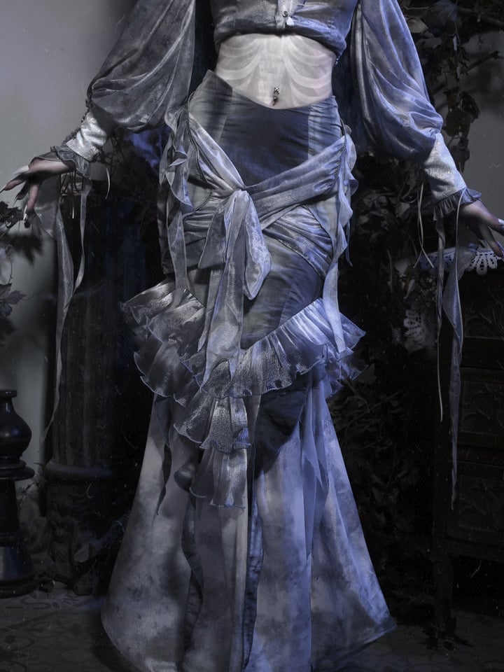 Jupe sirène gothique Corpse Bride bleu poussiéreux à volants et genoux