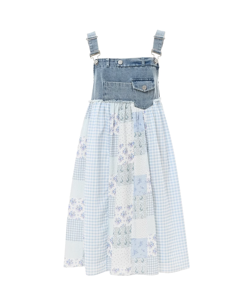 Mori Denim Overall Dress Blue Plaid and Floral Patchwork Design Kei
