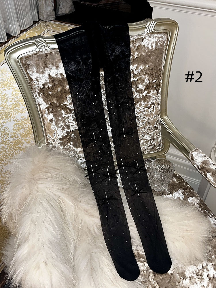 Rhinestone Bowknot Polka-dot Pattern Tights