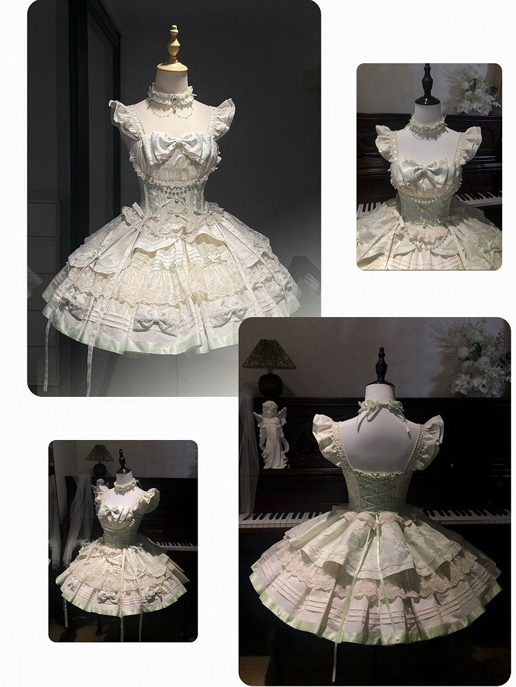 Beads Flutter Sleeves Balletcore Sweet Lolita Jumper Mint Bowknots Skirt and Green Decoration