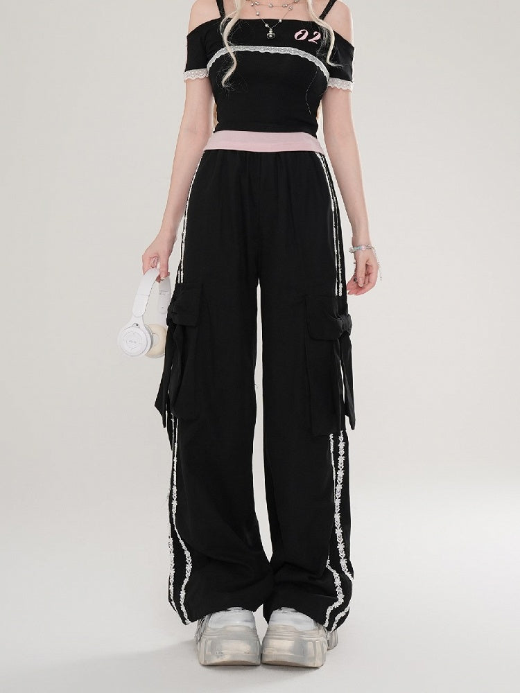 Pants Floral Bow Details Straight-leg With Apricot/Black Stripes And