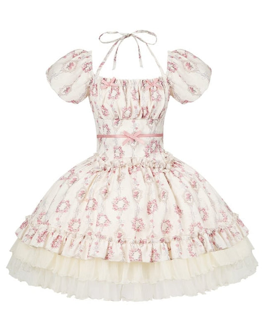 Lolita Short Version Floral Print Elastic Square Dress Neckline Classic