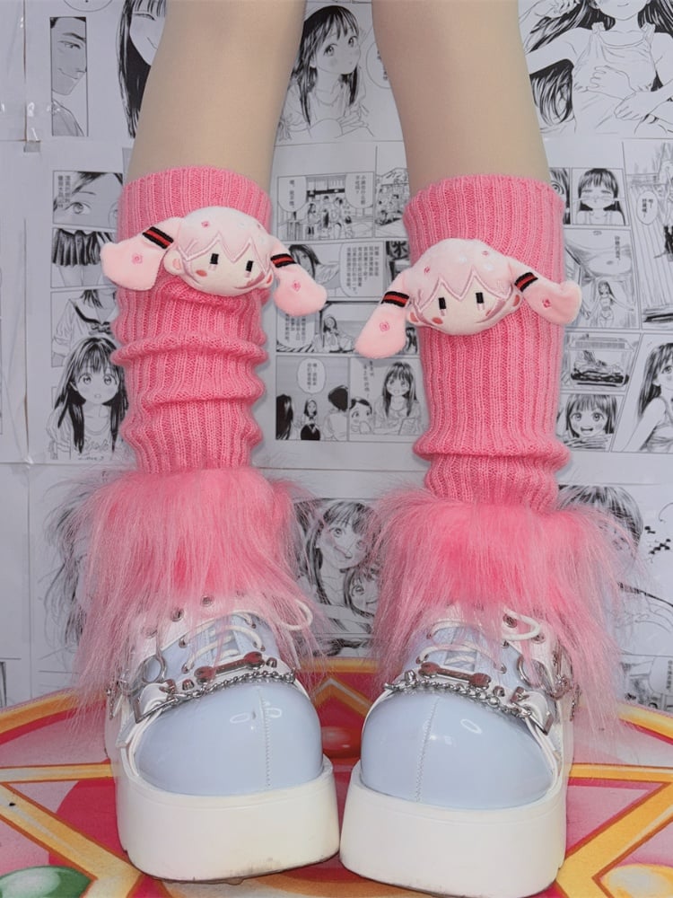 Pink Shaggy Trim Knitted Leg Warmers