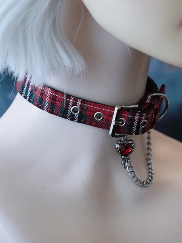 Rhinestone RedGreen Pendant Choker Chain Gothic Heart Plaid And
