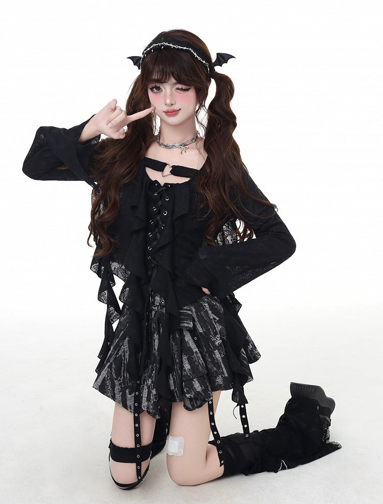 Asymmetrical Ruffled Placket Hem Chiffon Top Pink Lace-up Black/Light