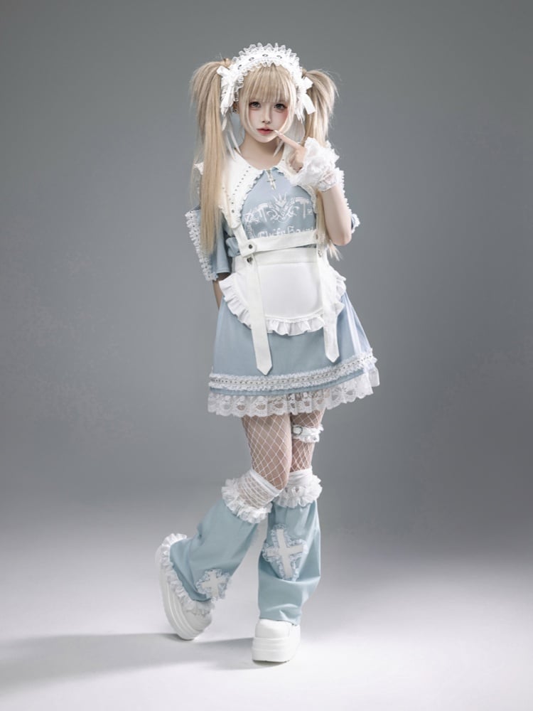 Blue Pointed Flat Collar Cutout Shoulder Lace Trim Jirai Kei Dress Light