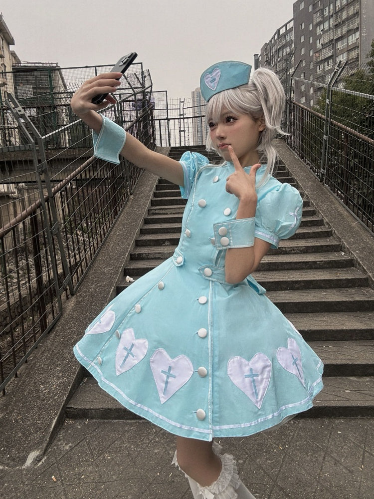 Kleid Herz Lolita Patches Puff Krankenschwester Blau Kreuz Ärmel Weiß