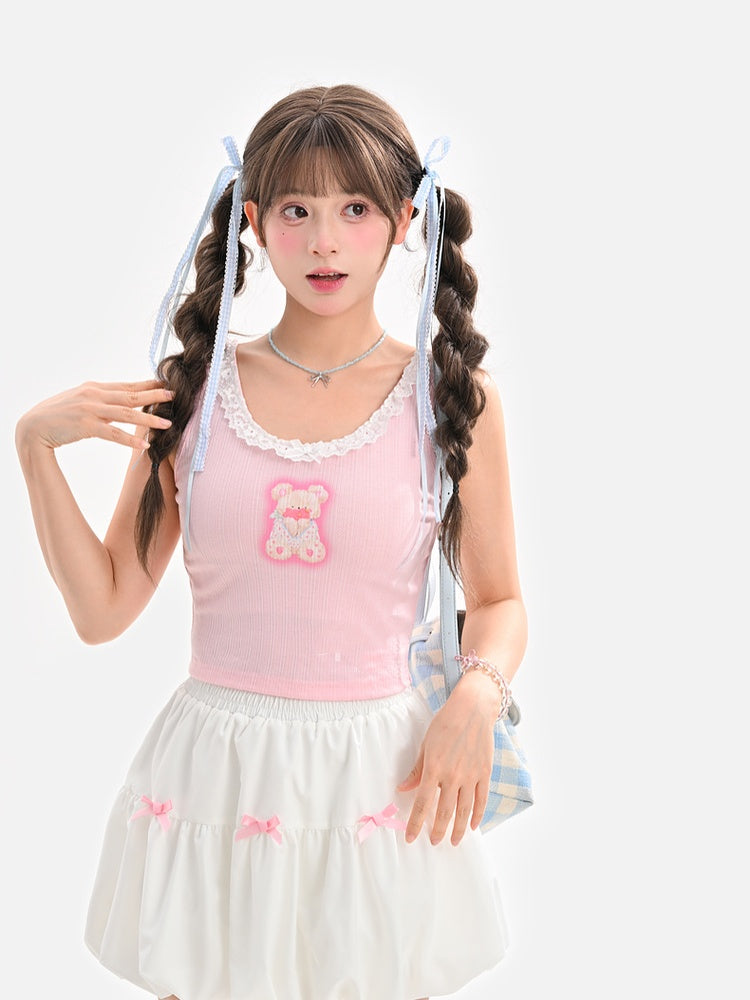 Neckline Pink Teddy Bear Print Lace Trim Sweet Tank Top