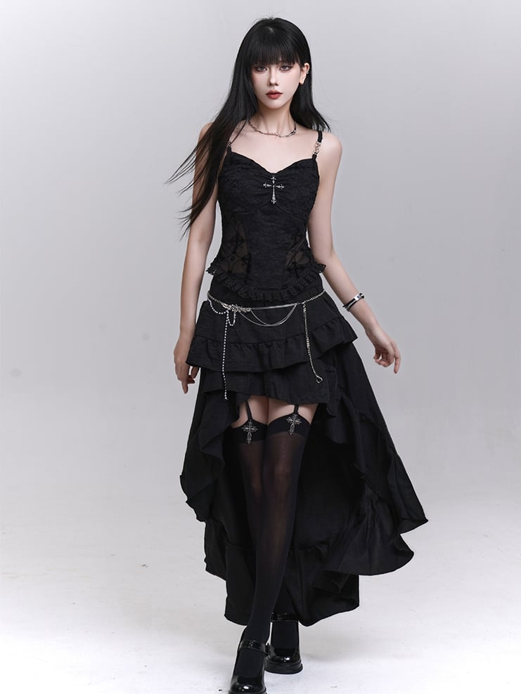 with Beaded Black Lace Patches Waist Cross Decorated Cami Top Chains