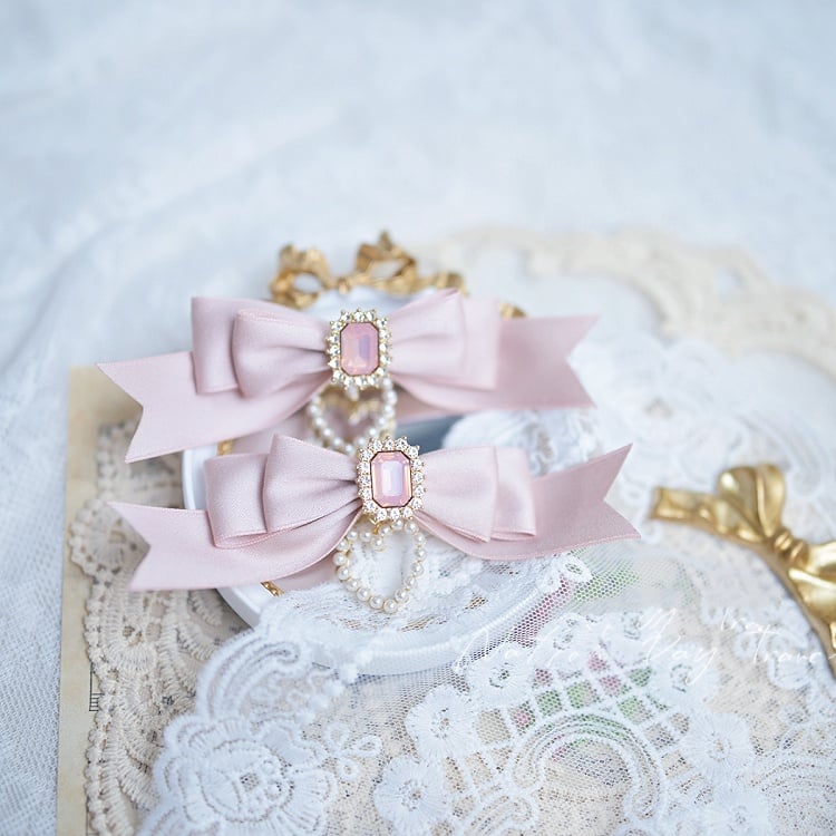 Pink/Light Blue/White Square Rhinestone Jirai Kei Bow Hairclips Dusty