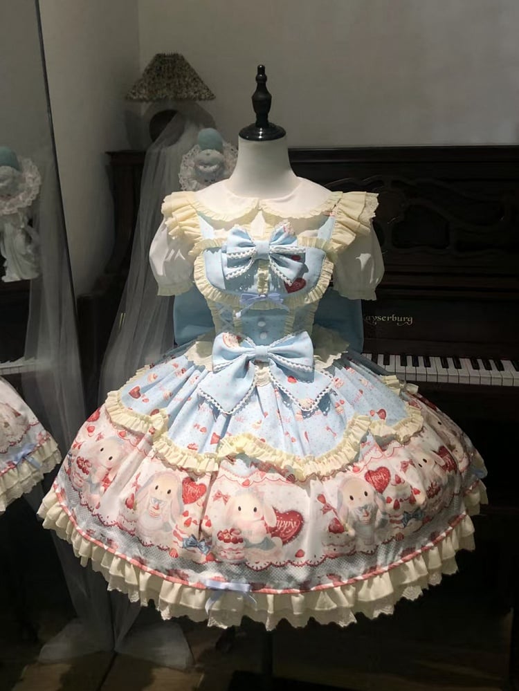 Full JSK / Sweet and Bunny Strawberry Cake Blue Dress Cute Set Lolita Print