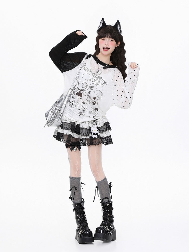 BlackWhite/PinkBlue Bunny Kitten Print Long Sleeve Top - Daily Kawaii Colorblock Design