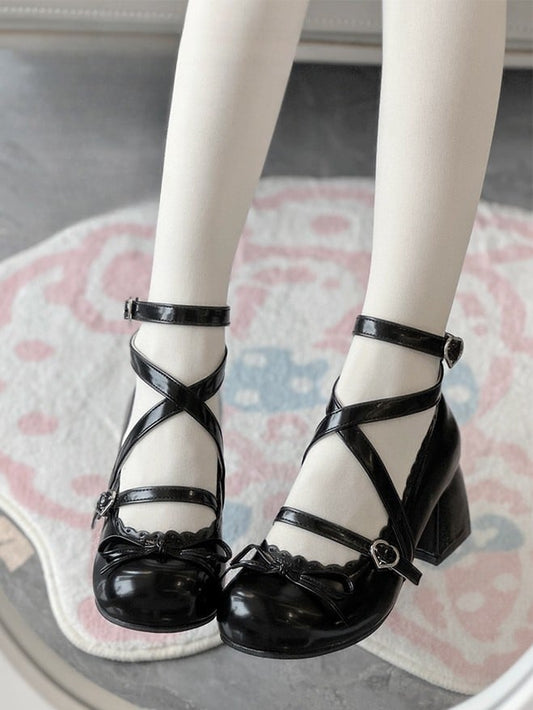 Block Knotted Sweet Bow Jane Heel Lolita 6cm - Schwarz mit Mary Shoes