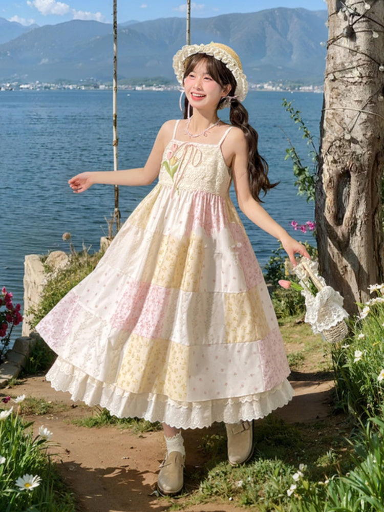 Mori Kei Beige & Pink Tulip Floral Patchwork Summer Dress