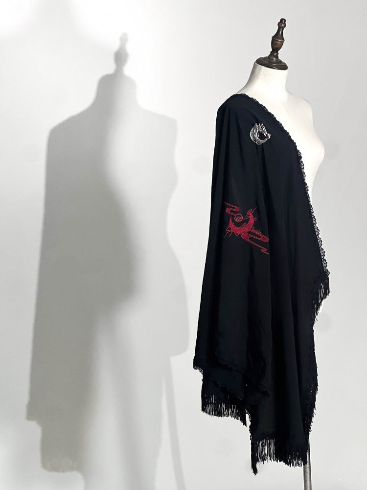 Red / Black / Purple Dragon and Moon Embroidery Shawl