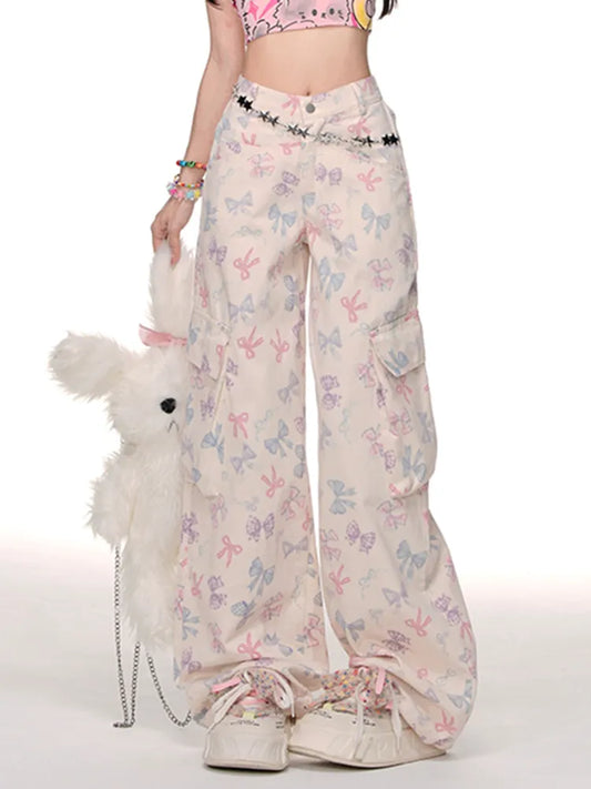 Beige Bowknot Pattern Cargo Pockets Wide-leg Cut Pants