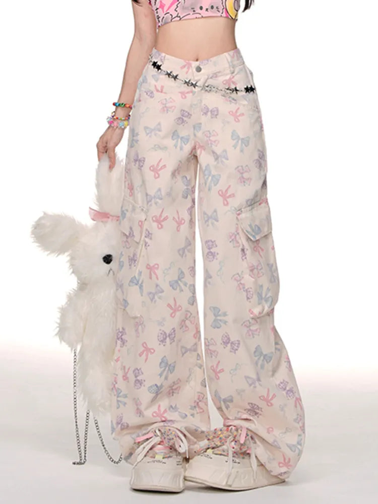 Beige Wide-leg Bowknot Cargo Cut Pattern Pockets Pants